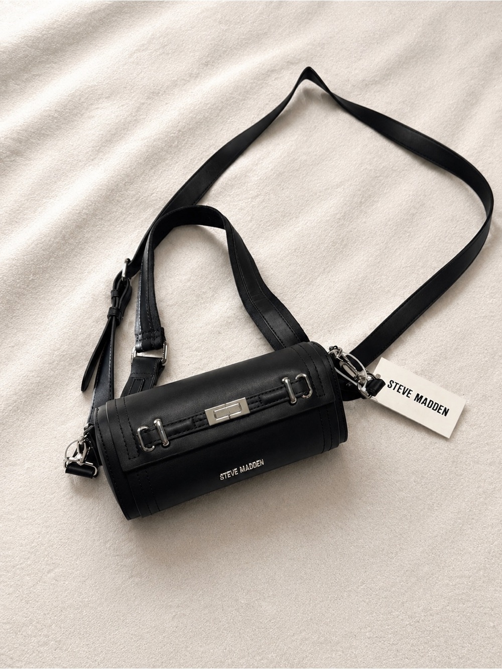 Steve Madden Black Cylinder Shoulder Bag with Silver Hardware